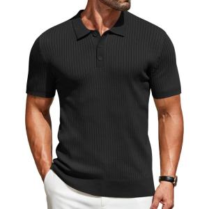 imageCOOFANDY Mens Knit Polo Shirts Short Sleeve Golf Shirts Button Down Casual Polo T Shirts Textured Slim Fit PulloverBlack