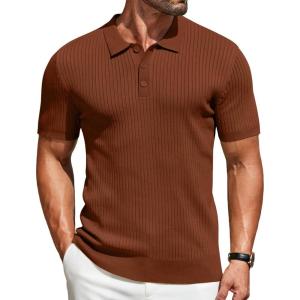 imageCOOFANDY Mens Knit Polo Shirts Short Sleeve Golf Shirts Button Down Casual Polo T Shirts Textured Slim Fit PulloverCaramel