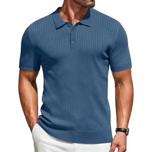 imageCOOFANDY Mens Knit Polo Shirts Short Sleeve Golf Shirts Button Down Casual Polo T Shirts Textured Slim Fit PulloverDenim Blue