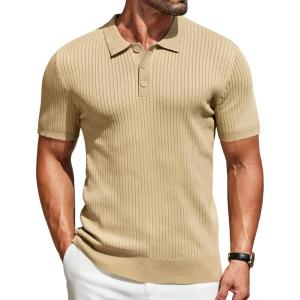 imageCOOFANDY Mens Knit Polo Shirts Short Sleeve Golf Shirts Button Down Casual Polo T Shirts Textured Slim Fit PulloverKhaki