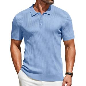 imageCOOFANDY Mens Knit Polo Shirts Short Sleeve Golf Shirts Button Down Casual Polo T Shirts Textured Slim Fit PulloverLight Blue