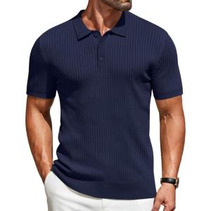 imageCOOFANDY Mens Knit Polo Shirts Short Sleeve Golf Shirts Button Down Casual Polo T Shirts Textured Slim Fit PulloverNavy Blue