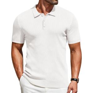 imageCOOFANDY Mens Knit Polo Shirts Short Sleeve Golf Shirts Button Down Casual Polo T Shirts Textured Slim Fit PulloverWhite