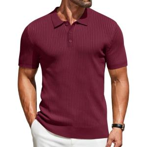 imageCOOFANDY Mens Knit Polo Shirts Short Sleeve Golf Shirts Button Down Casual Polo T Shirts Textured Slim Fit PulloverWine Red