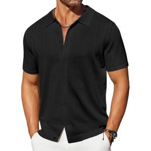 imageCOOFANDY Mens Knit Shirts Short Sleeve Button Down Shirt Casual Summer Beach ShirtBlack
