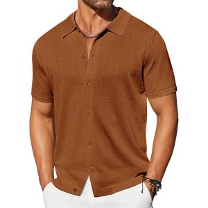 imageCOOFANDY Mens Knit Shirts Short Sleeve Button Down Shirt Casual Summer Beach ShirtBrown