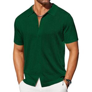 imageCOOFANDY Mens Knit Shirts Short Sleeve Button Down Shirt Casual Summer Beach ShirtGreen
