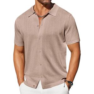 imageCOOFANDY Mens Knit Shirts Short Sleeve Button Down Shirt Casual Summer Beach ShirtKhaki