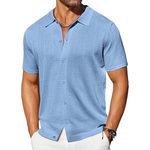 imageCOOFANDY Mens Knit Shirts Short Sleeve Button Down Shirt Casual Summer Beach ShirtLight Blue