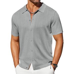 imageCOOFANDY Mens Knit Shirts Short Sleeve Button Down Shirt Casual Summer Beach ShirtLight Gray