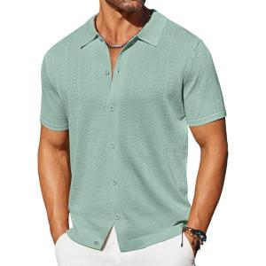 imageCOOFANDY Mens Knit Shirts Short Sleeve Button Down Shirt Casual Summer Beach ShirtLight Green