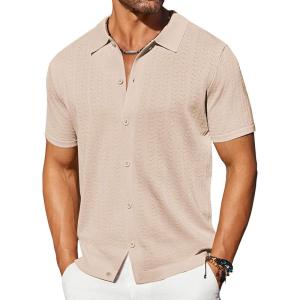 imageCOOFANDY Mens Knit Shirts Short Sleeve Button Down Shirt Casual Summer Beach ShirtLight Khaki