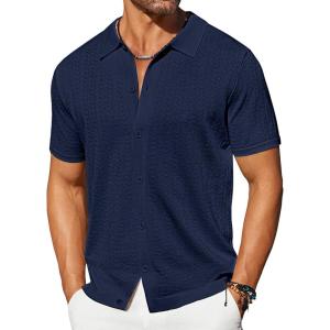 imageCOOFANDY Mens Knit Shirts Short Sleeve Button Down Shirt Casual Summer Beach ShirtNavy Blue