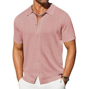 imageCOOFANDY Mens Knit Shirts Short Sleeve Button Down Shirt Casual Summer Beach ShirtPink