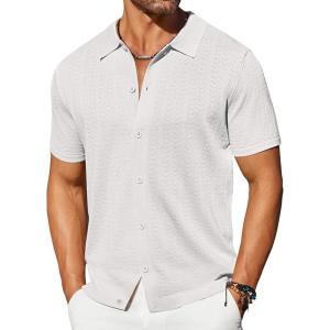imageCOOFANDY Mens Knit Shirts Short Sleeve Button Down Shirt Casual Summer Beach ShirtWhite