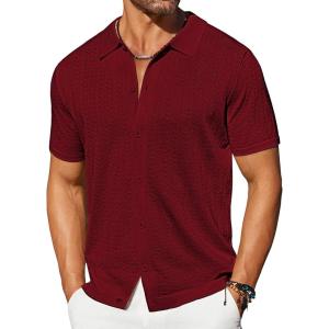 imageCOOFANDY Mens Knit Shirts Short Sleeve Button Down Shirt Casual Summer Beach ShirtWine Red
