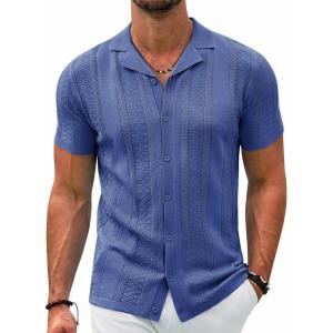 imageCOOFANDY Mens Knit Shirts Vintage Short Sleeve Button Down Shirt Casual Summer Beach ShirtBlue