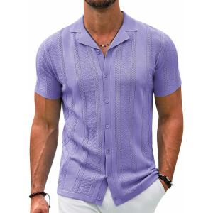 imageCOOFANDY Mens Knit Shirts Vintage Short Sleeve Button Down Shirt Casual Summer Beach ShirtLilac Purple