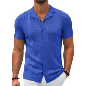 imageCOOFANDY Mens Knit Shirts Vintage Short Sleeve Button Down Shirt Casual Summer Beach ShirtRoyal Blue