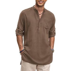 imageCOOFANDY Mens Linen Henley Shirts Long Sleeve Collarless TShirts Longline Kurta Beach Shirts with PocketBrown