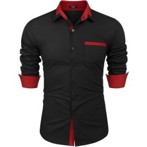 imageCOOFANDY Mens Long Sleeve Dress Shirt Plaid Collar Casual Button Down ShirtsBlackRed