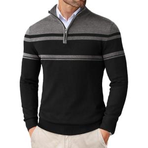 imageCOOFANDY Mens Quarter Zip Up Sweaters Slim Fit Lightweight Mock Neck Pullover Casual Polo SweatersBlack  Dark Heather Grey