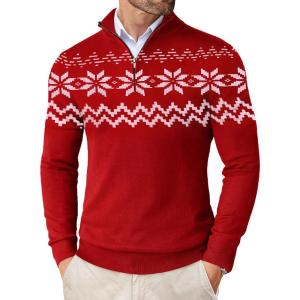 imageCOOFANDY Mens Quarter Zip Up Sweaters Slim Fit Lightweight Mock Neck Pullover Casual Polo SweatersChristmas Red