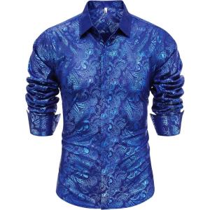 imageCOOFANDY Mens Rose Shiny Shirt Luxury Flowered Printed Button Down ShirtRoyal Blue Long Sleeve