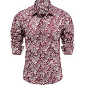 imageCOOFANDY Mens Rose Shiny Shirt Luxury Flowered Printed Button Down ShirtWine Red Long Sleeve