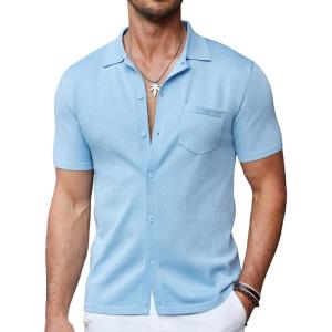 imageCOOFANDY Mens Short Sleeve Knit Shirts Button Down Vintage Polo Casual Beach ShirtsLight Blue