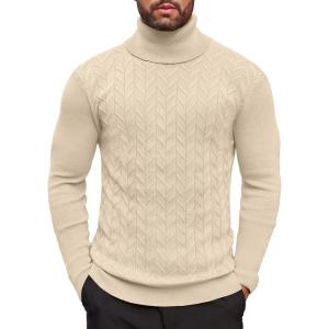 imageCOOFANDY Mens Slim Fit Turtleneck Sweater Casual Pullover Sweater Basic Twist Patterned Knitted SweaterBeigenew