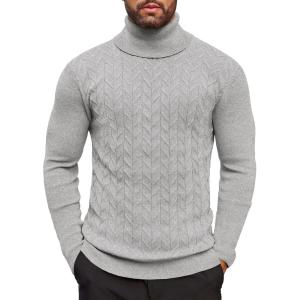 imageCOOFANDY Mens Slim Fit Turtleneck Sweater Casual Pullover Sweater Basic Twist Patterned Knitted SweaterLight Greynew