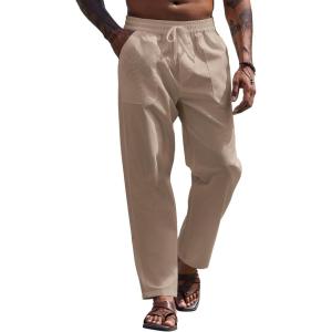 imageCOOFANDY Linen Pants Mens Lightweight Linen Pants Elastic Waist Beach Yoga Summer TrousersKhaki