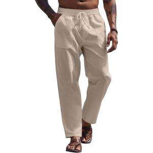 imageCOOFANDY Linen Pants Mens Lightweight Linen Pants Elastic Waist Beach Yoga Summer TrousersLight Khaki