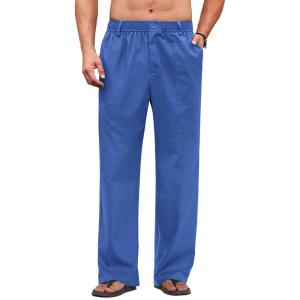 imageCOOFANDY Mens Casual Linen Cotton Pants Elastic Waist Summer Beach Trousers Lightweight Yoga Vacation PantsDark Blue