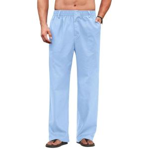 imageCOOFANDY Mens Casual Linen Cotton Pants Elastic Waist Summer Beach Trousers Lightweight Yoga Vacation PantsLight Blue