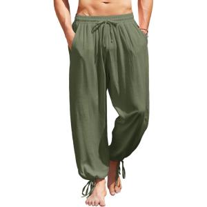 imageCOOFANDY Mens Cotton Linen Pants Casual Harem Pants Elastic Waist Beach Boho Yoga TrousersArmy Green