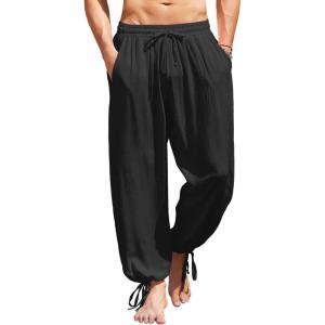 imageCOOFANDY Mens Cotton Linen Pants Casual Harem Pants Elastic Waist Beach Boho Yoga TrousersBlack