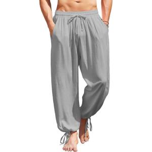 imageCOOFANDY Mens Cotton Linen Pants Casual Harem Pants Elastic Waist Beach Boho Yoga TrousersGrey
