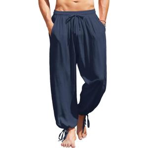 imageCOOFANDY Mens Cotton Linen Pants Casual Harem Pants Elastic Waist Beach Boho Yoga TrousersNavy Blue