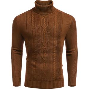 imageCOOFANDY Mens Turtleneck Sweater Slim Fit Casual Warm Twisted Knitted Pullover SweatersBrown