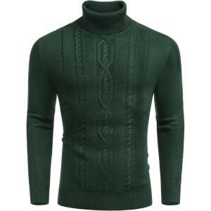 imageCOOFANDY Mens Turtleneck Sweater Slim Fit Casual Warm Twisted Knitted Pullover SweatersDark Green