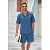 imageCOOFANDY Mens 2 Pieces Linen Set Henley Shirt Short Sleeve and Shorts Summer Beach Yoga Matching OutfitsDenim Blue
