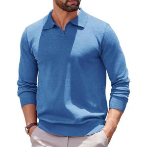 imageCOOFANDY Long Sleeve Polo Shirts for Men Knit Polo Sweater Lightweight Ribbed Pullover SweaterDark Blue