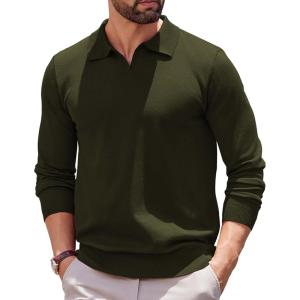 imageCOOFANDY Long Sleeve Polo Shirts for Men Knit Polo Sweater Lightweight Ribbed Pullover SweaterDark Green
