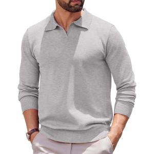 imageCOOFANDY Long Sleeve Polo Shirts for Men Knit Polo Sweater Lightweight Ribbed Pullover SweaterLight Gray