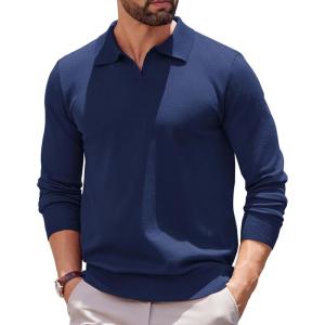 imageCOOFANDY Long Sleeve Polo Shirts for Men Knit Polo Sweater Lightweight Ribbed Pullover SweaterNavy Blue