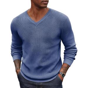 imageCOOFANDY Men V Neck Dress Sweater Knit Long Sleeve Casual Slim Fit Pullover SweaterBlue and White