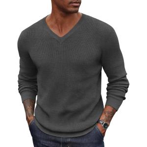 imageCOOFANDY Men V Neck Dress Sweater Knit Long Sleeve Casual Slim Fit Pullover SweaterDark Grey