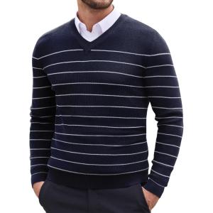 imageCOOFANDY Men V Neck Dress Sweater Knit Long Sleeve Casual Slim Fit Pullover SweaterNavyWhite Mariner Stripe
